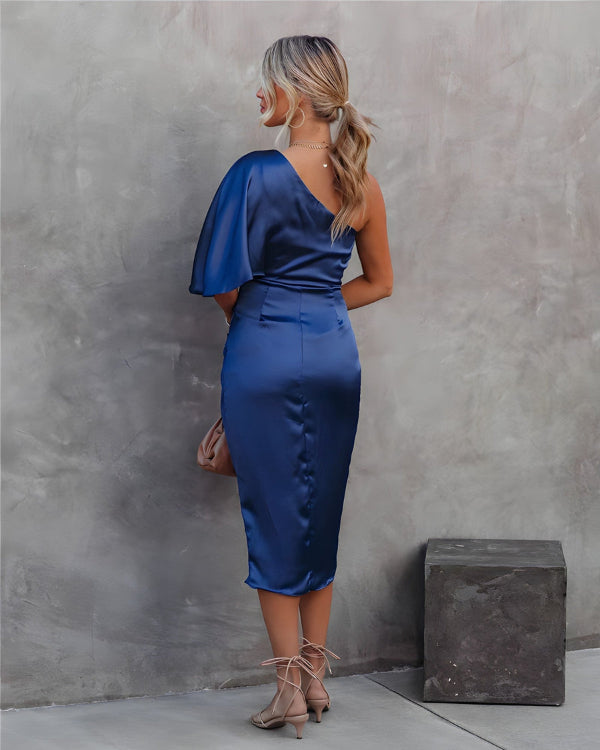 Women's Satin One-Shoulder Midi Dress with Ruffles