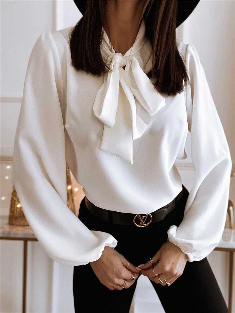 Women's Long Sleeve Blouse Bow-Tie Neckline Balloon Sleeves - VibreMode