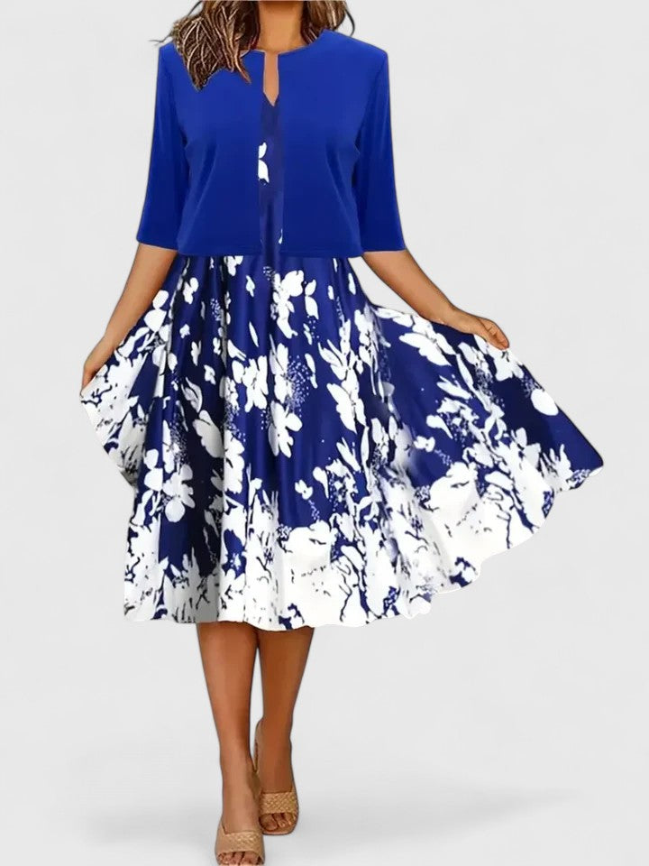 Women's Floral Midi A-Line Dress 3/4 Sleeve