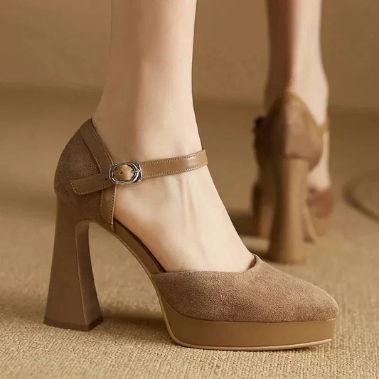Ladies High Heel Ankle Strap Block Pumps Shoes - VibreMode