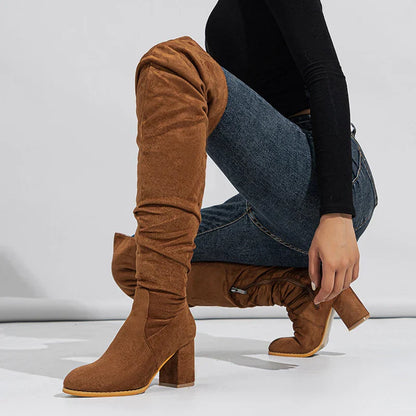 Women's Knee High Boots Pointed Toe Block Heel Slouch Black