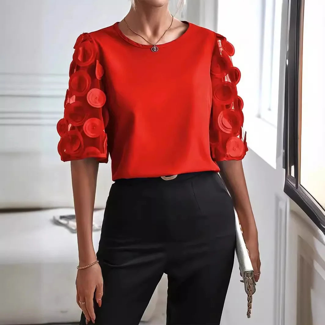 Women's V-Neck Blouse Sheer Sleeves
