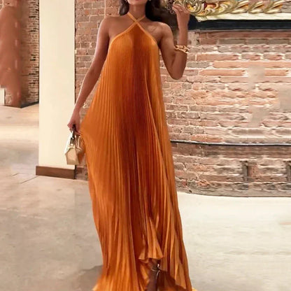 Elegant Ladies' Pleated Halter Neck Evening Maxi Dress
