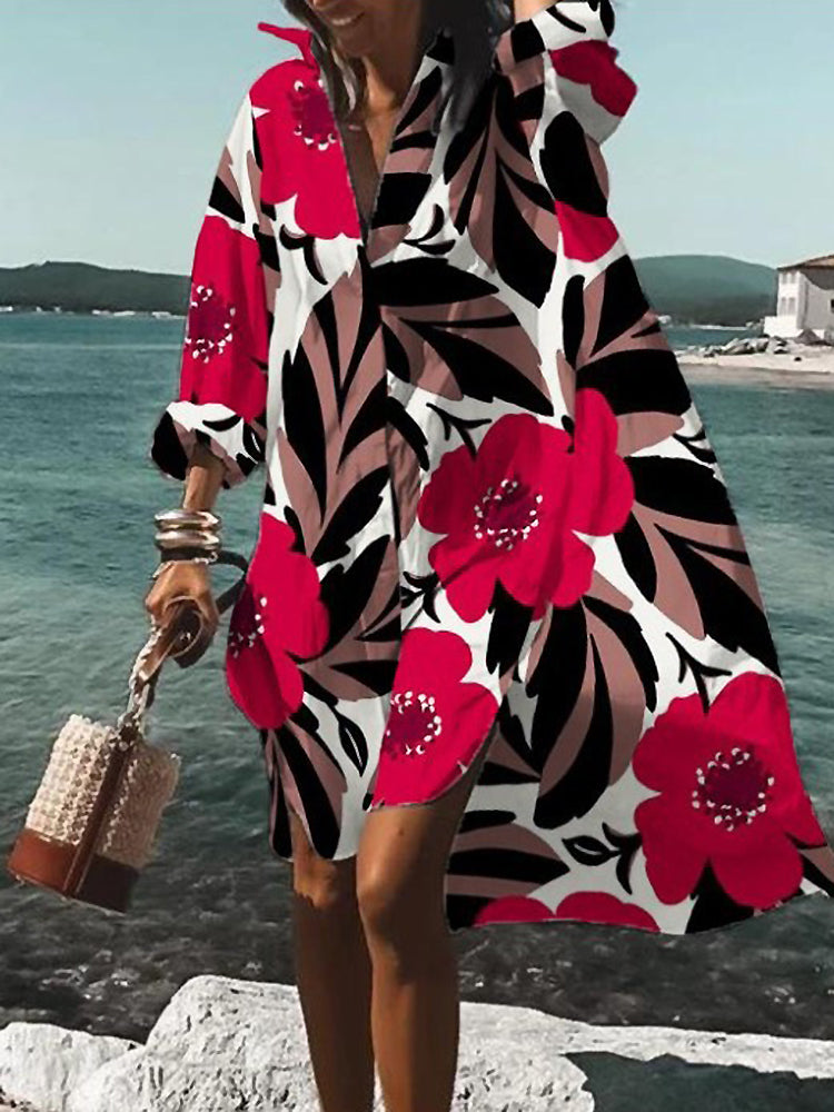 Women's Mini Floral Long Sleeve Shirt Dress - VibreMode
