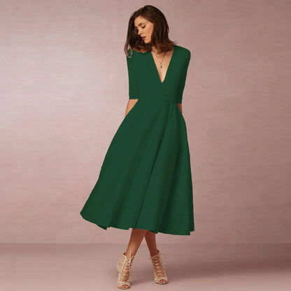 Women's Deep V Neck Midi Dress Half Sleeves Flared Skirt