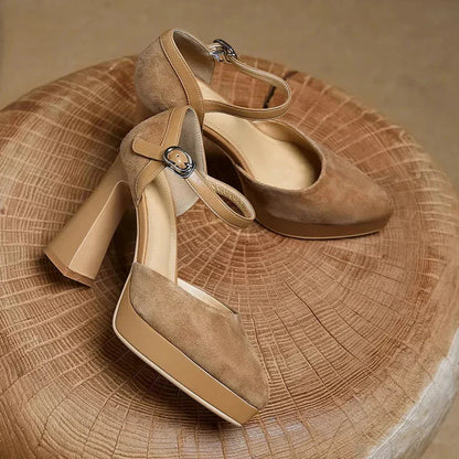 Ladies High Heel Ankle Strap Block Pumps Shoes