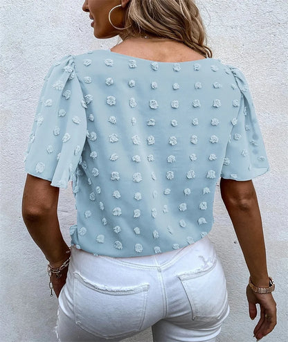 Women's Round Neck Blouse Puff Sleeves Floral Tie