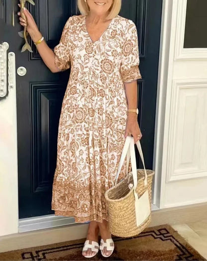 Women's Floral Midi Dress V-Neck Half Sleeves