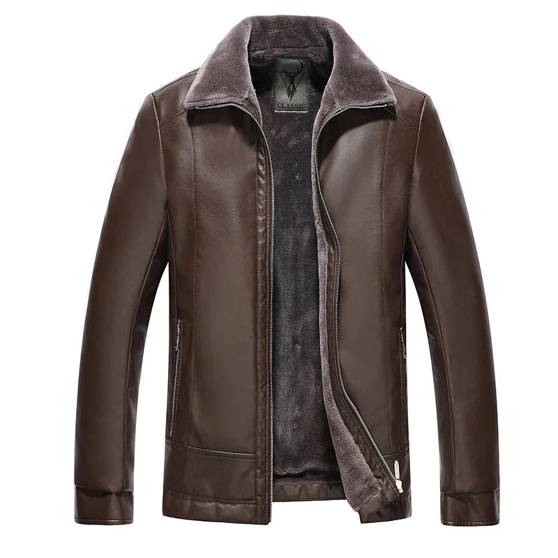 Men's Leather Motorcycle Jacket Warm Fleece Winter Coat