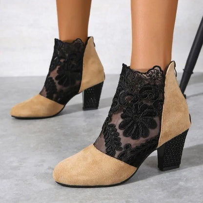 Women's Ankle Boots Block Heel Patterned Panel Design - VibreMode