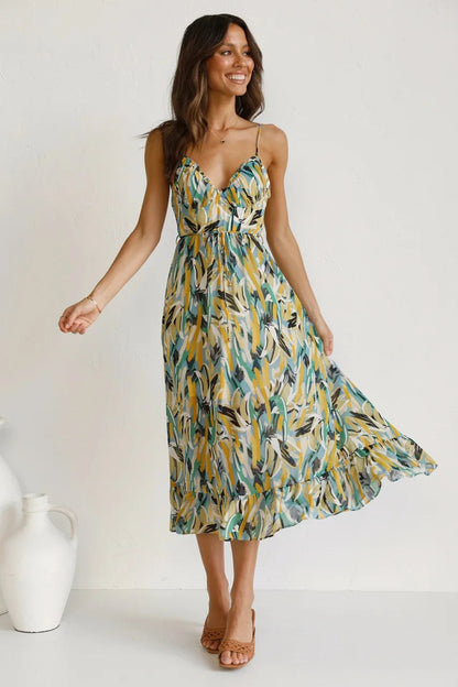 Women's Midi Dress Spaghetti Strap Abstract Print Ruffle Hem