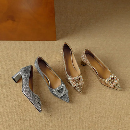 Sparkly High Heel Pumps with Crystal Strap Detail