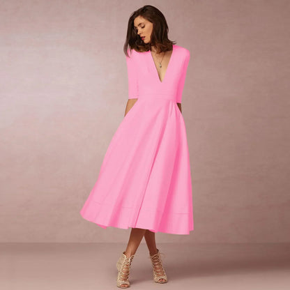 Women's Deep V Neck Midi Dress Half Sleeves Flared Skirt