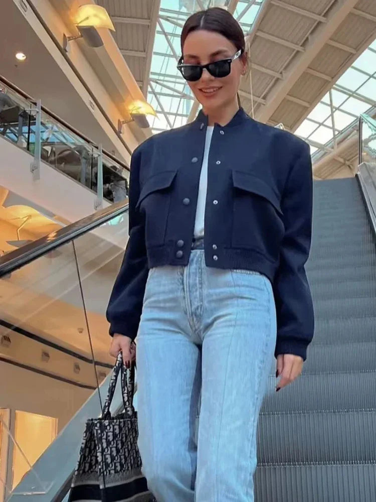 Women's Cropped Bomber Jacket Snap Buttons Utility Pockets