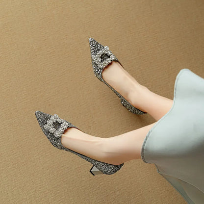 Women's Glitter Pumps Pointed Toe Crystal Buckle Heel