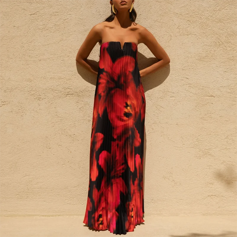 Women's Pleated Maxi Floral Dress