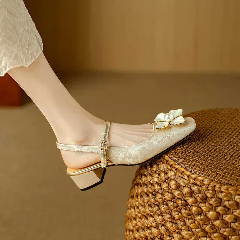 Women's Floral Slingback Pumps Square Toe Block Heel Shoes