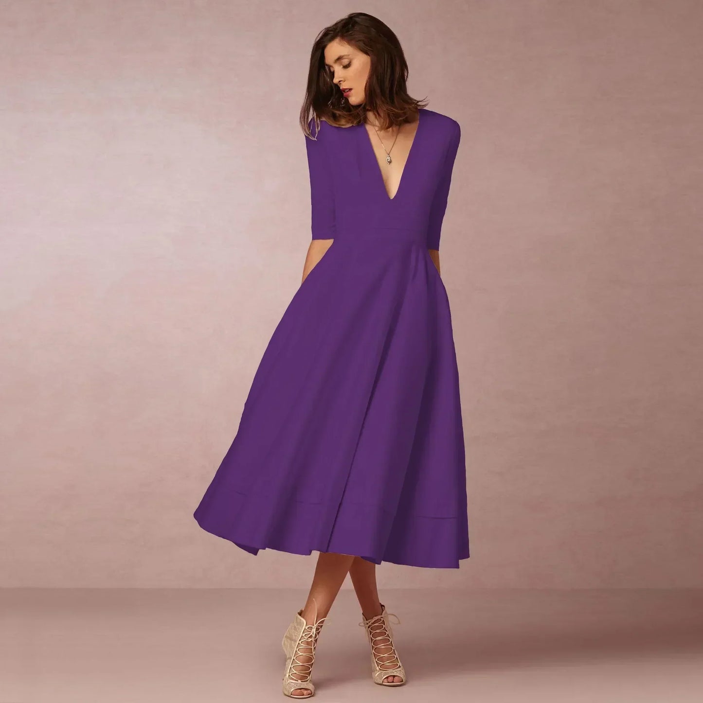 Women's Deep V Neck Midi Dress Half Sleeves Flared Skirt