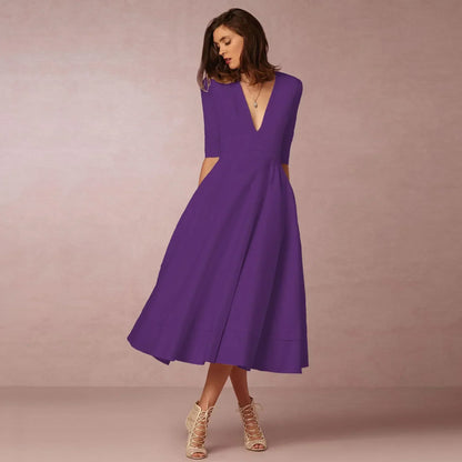 Women's Deep V Neck Midi Dress Half Sleeves Flared Skirt