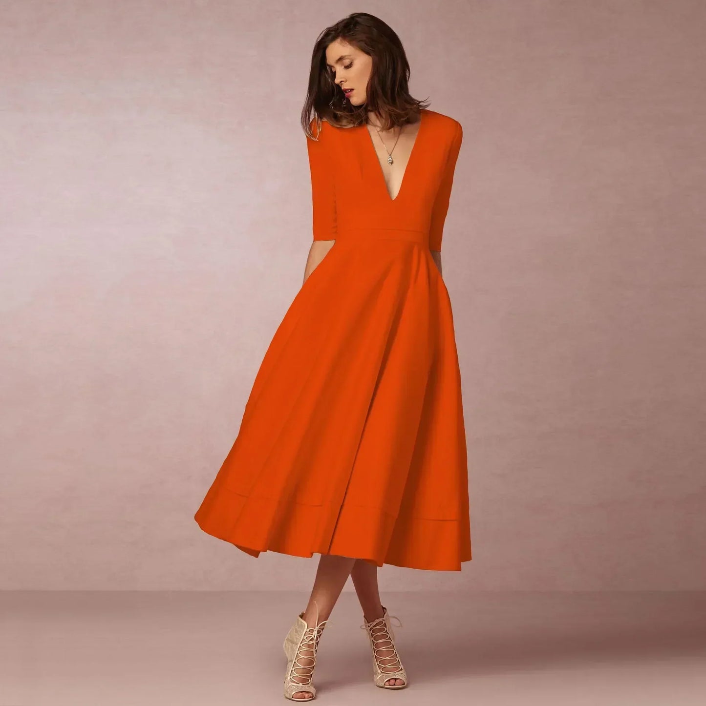 Women's Deep V Neck Midi Dress Half Sleeves Flared Skirt