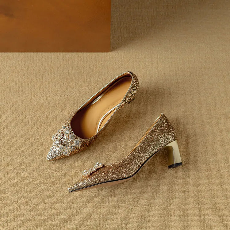 Sparkly High Heel Pumps with Crystal Strap Detail