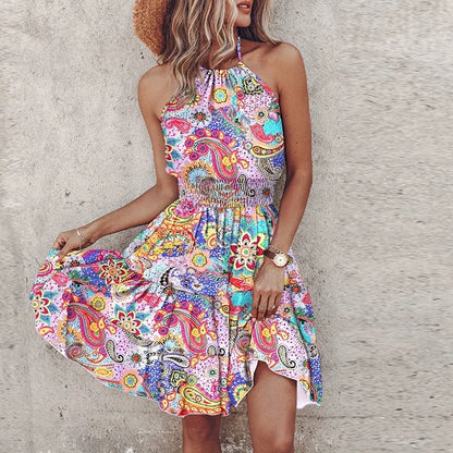 Women's Asymmetric Backless Mini Dress Printed Flowy