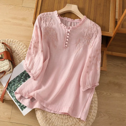 Women's Ruffle Blouse Embroidered Cotton White