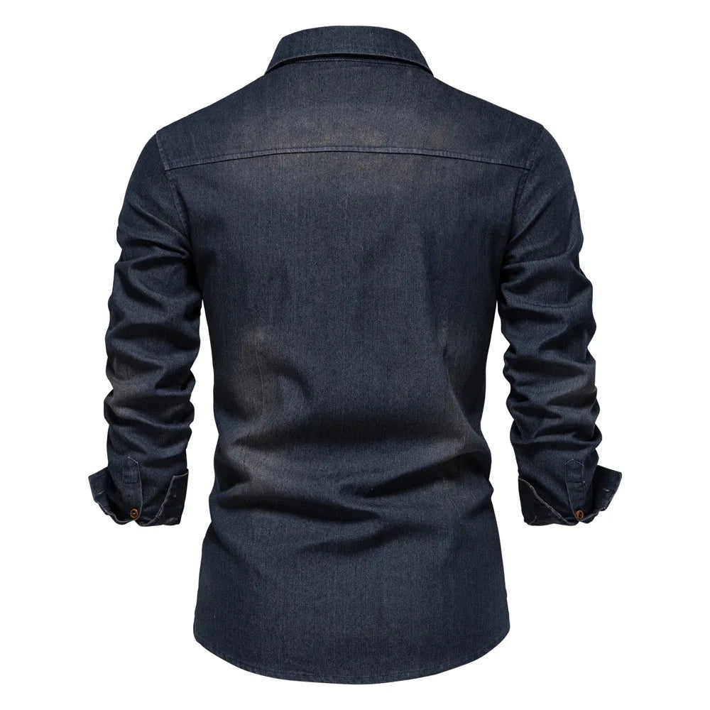 Men's Long Sleeve Button Shirt Cotton Contrast Dual Pocket