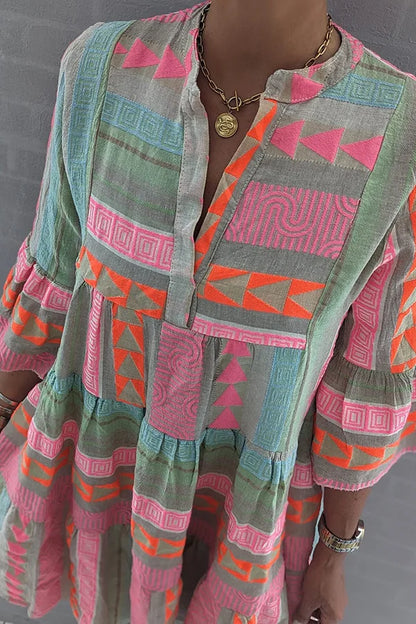 Women's Geometric Print Dress Flared Sleeves