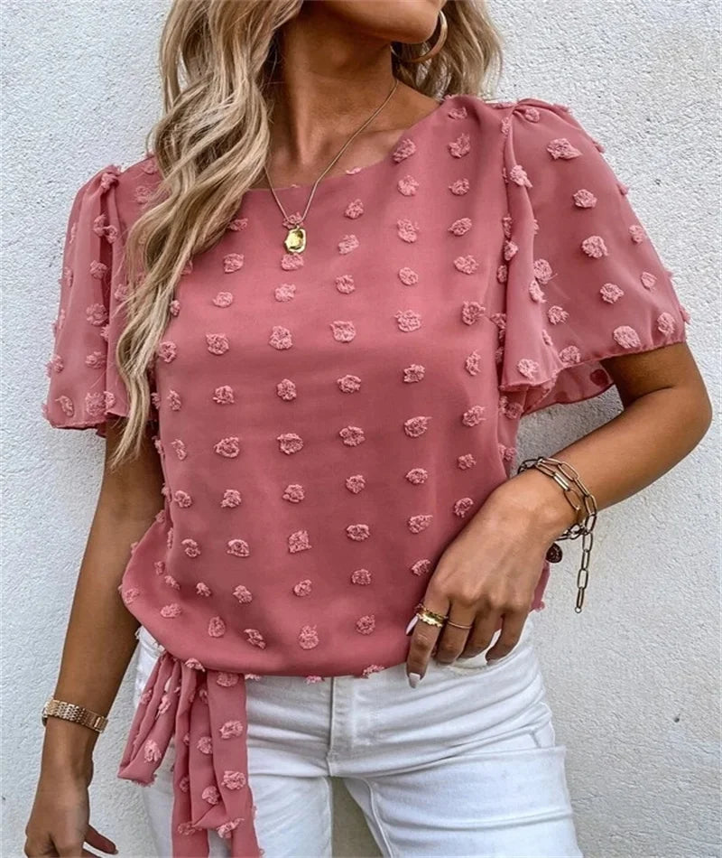 Women's Round Neck Blouse Puff Sleeves Floral Tie - VibreMode