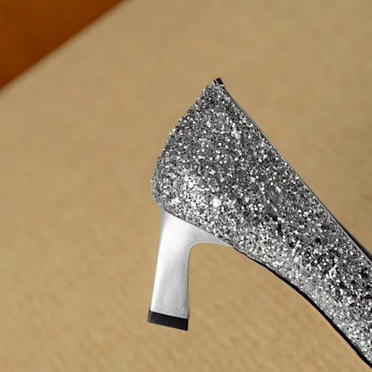 Women's Glitter Pumps Pointed Toe Crystal Buckle Heel