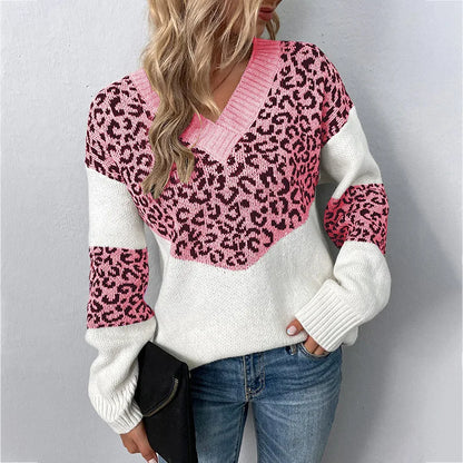 Women's V-Neck Sweater Leopard Print