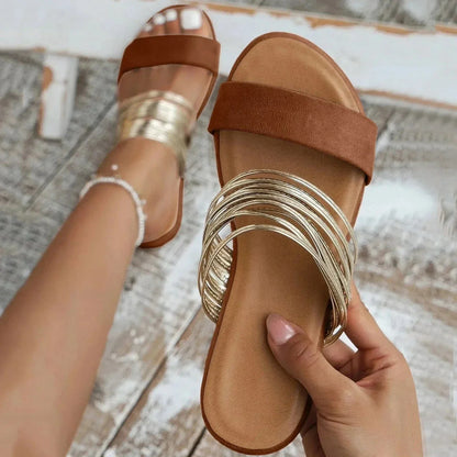 Women's Dual Strap Flat Sandals Metallic Accent