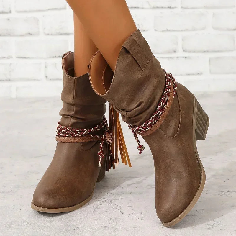 Women's Block Heel Boots Side Tie - VibreMode