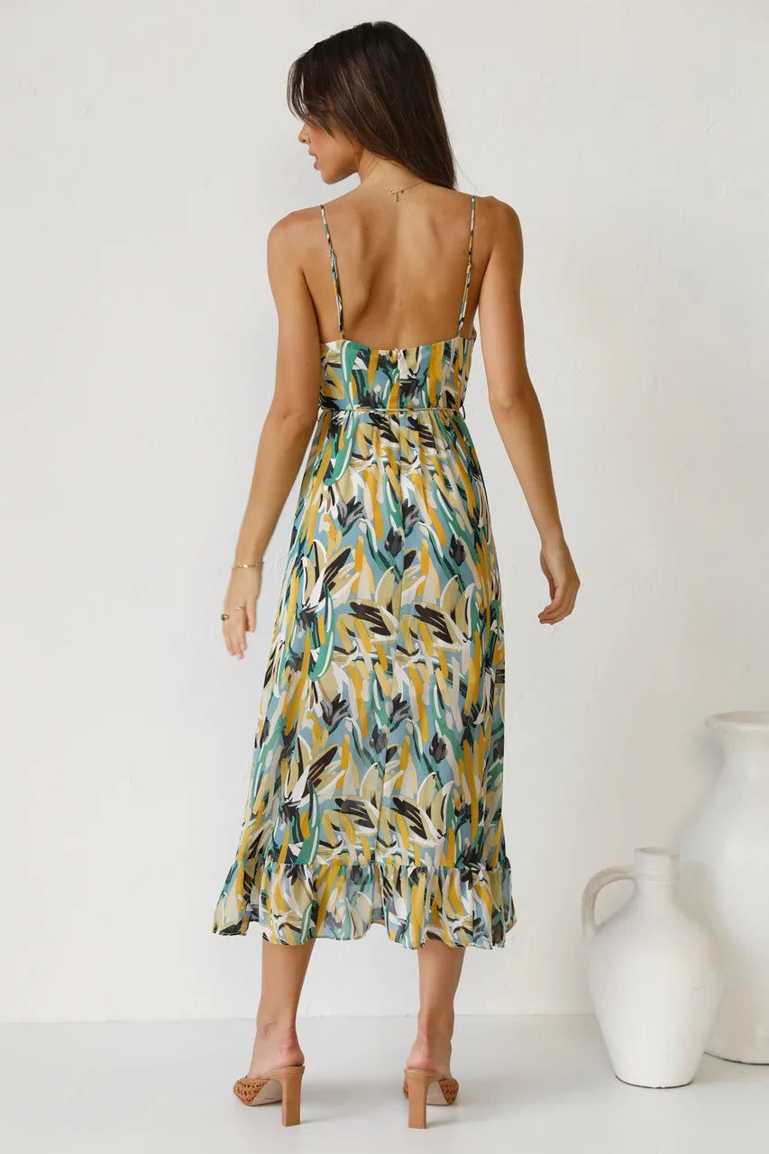 Women's Midi Dress Spaghetti Strap Abstract Print Ruffle Hem