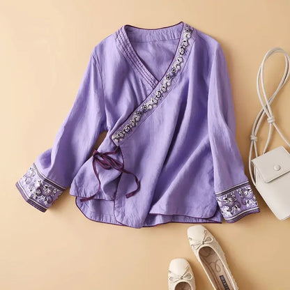 Women's Embroidered V-Neck Blouse