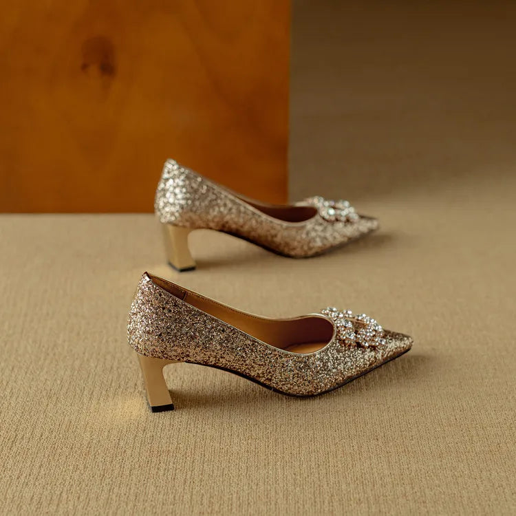 Women's Glitter Pumps Pointed Toe Crystal Buckle Heel