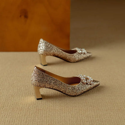 Women's Glitter Pumps Pointed Toe Crystal Buckle Heel
