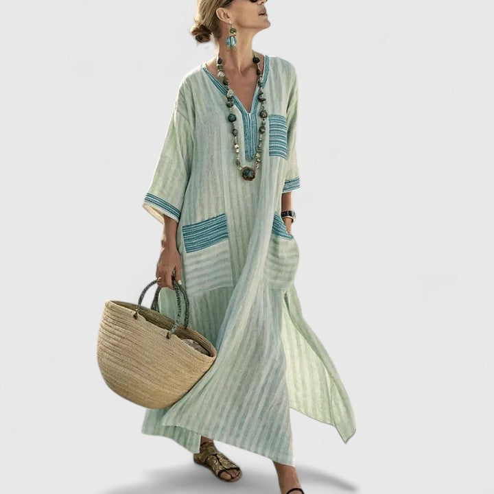 Women's Striped Linen Maxi Dress with Pockets - VibreMode