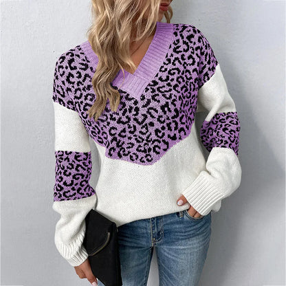 Women's V-Neck Sweater Leopard Print