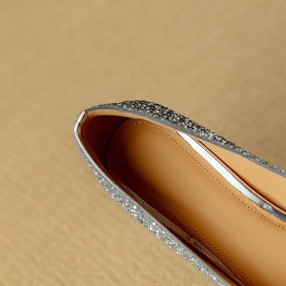 Women's Glitter Pumps Pointed Toe Crystal Buckle Heel