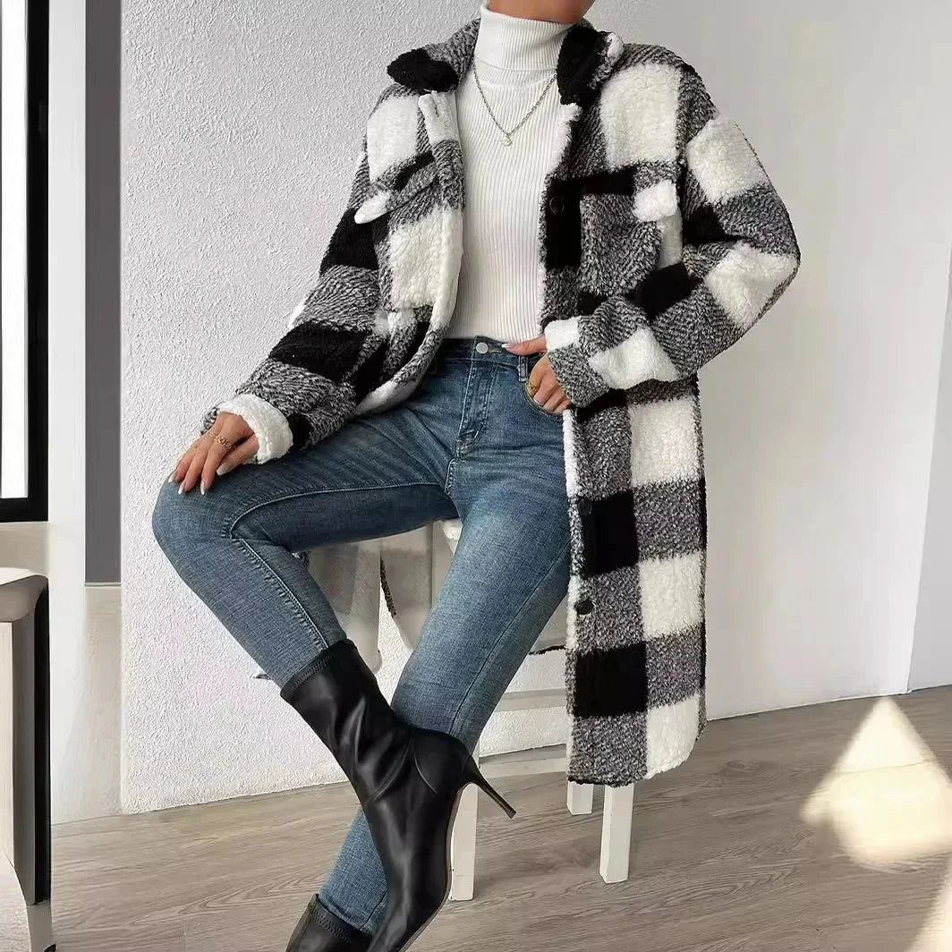 Women's Plush Plaid Overcoat - VibreMode