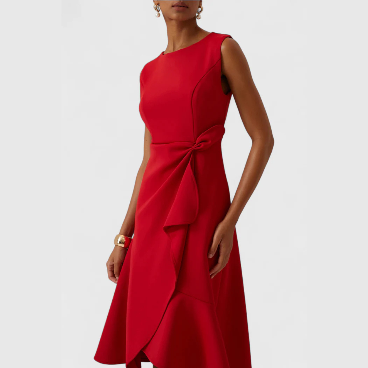 Women's Sleeveless Midi Dress Round Neck Draped Waist Asymmetric