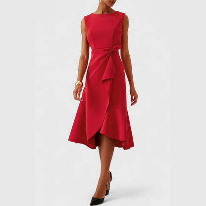 Women's Sleeveless Midi Dress Round Neck Draped Waist Asymmetric
