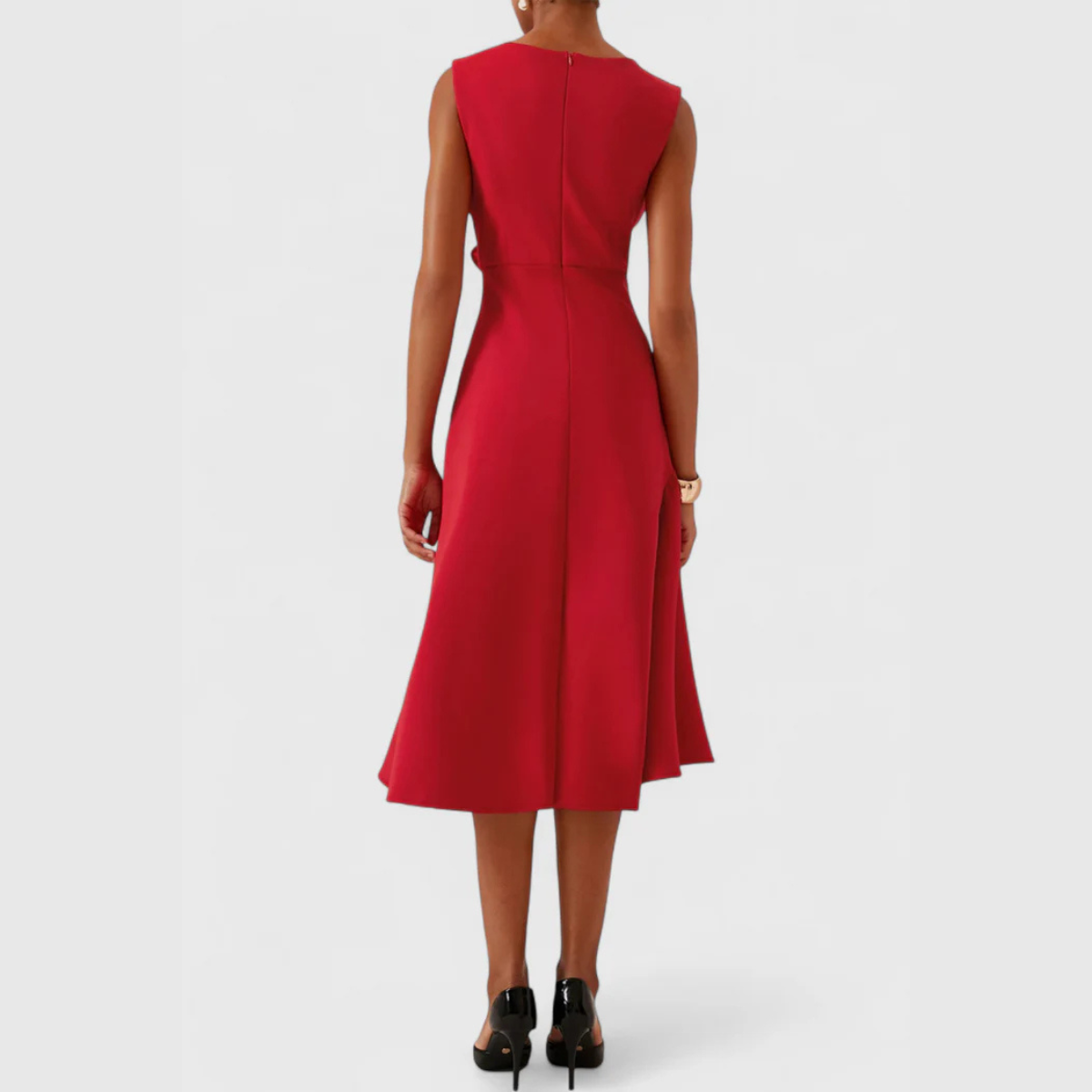 Women's Sleeveless Midi Dress Round Neck Draped Waist Asymmetric