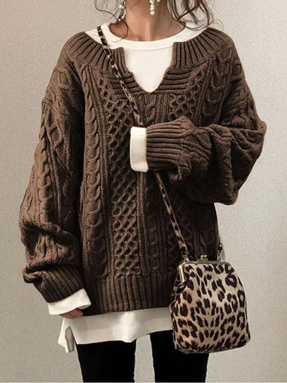 Women's Cable Knit Sweater Chunky Round Neck Beige