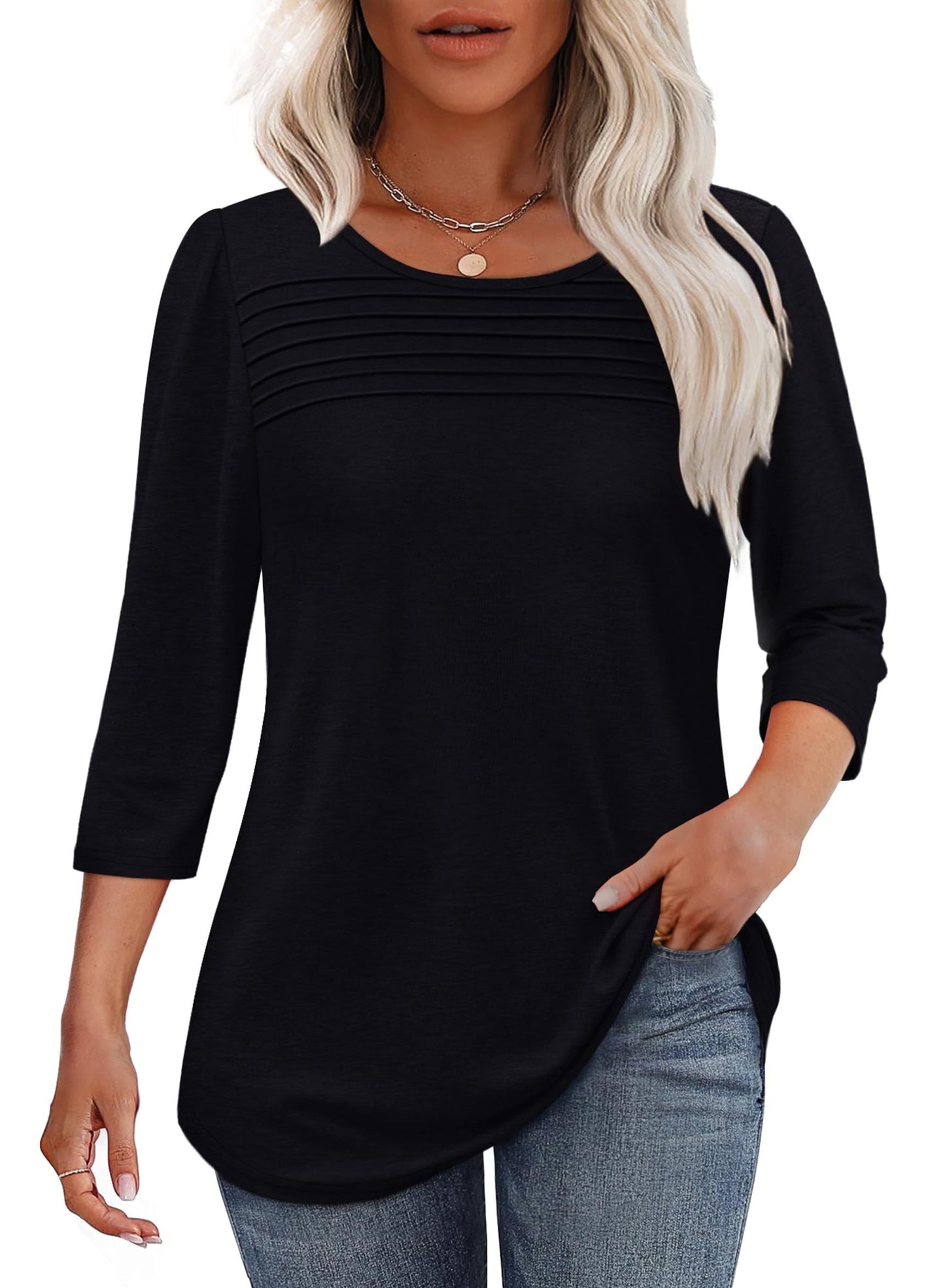 Women's Crew Neck 3/4 Sleeve Pleated
