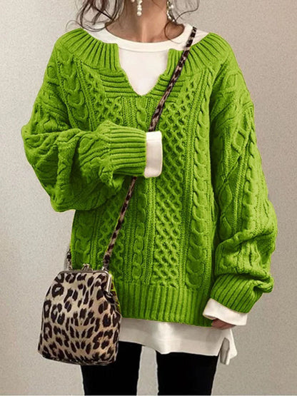 Women's Cable Knit Sweater Chunky Round Neck Beige