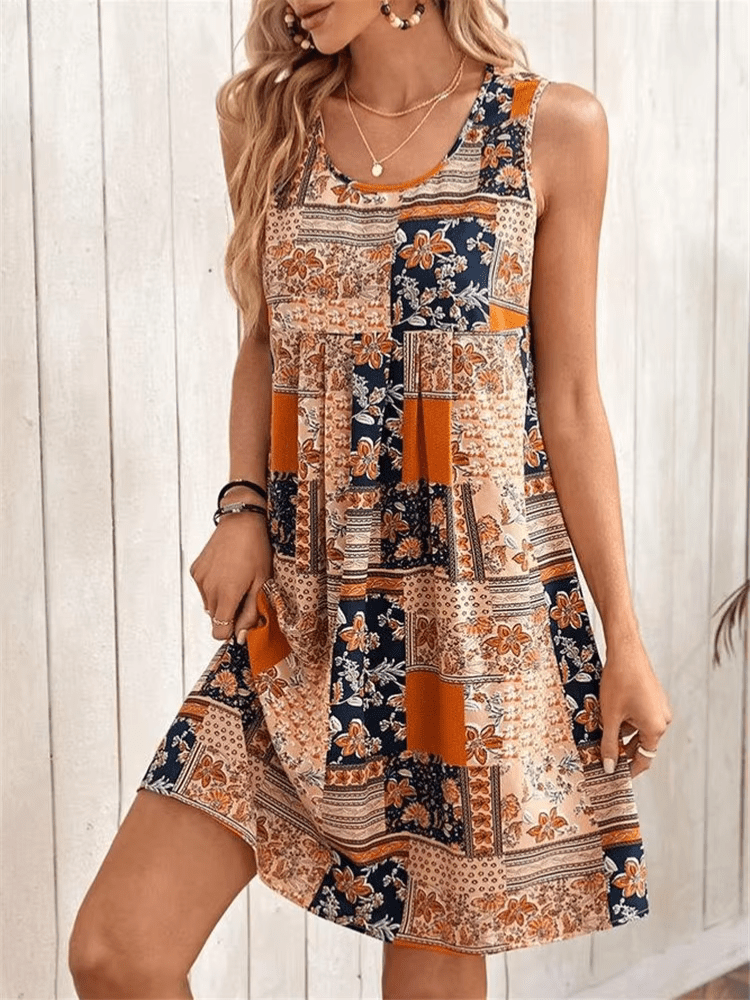 Women's Patchwork Mini Dress Sleeveless Boho Print - VibreMode