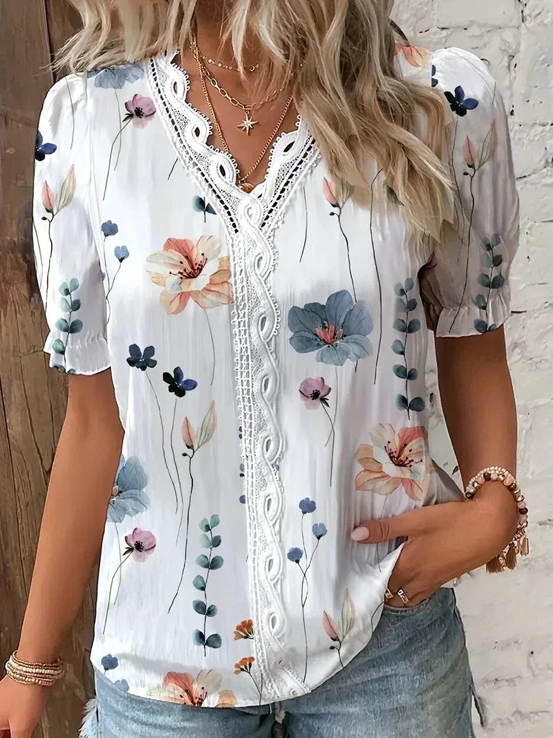 Women V-Neck Blouse Leaf Print